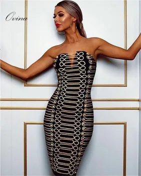 

Sexy Women Dress Strapless Sleeveless Gold Button Bodycon Bandage Dress