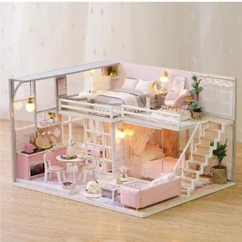 

Doll House Wooden Miniature DIY DollHouse Furniture Kit Assemble Doll Home Toys For Christmas Children Girl Gift L025