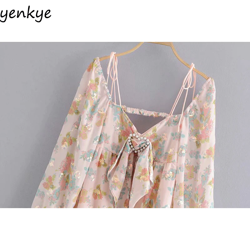 Женское Короткое платье трапеция с цветочным принтом открытой спиной и длинным