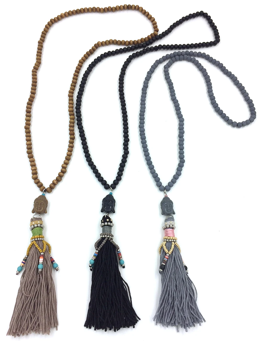 New Handmade 108 rosary wood beaded long necklace leather tessal Buddha pendent necklace tibetan Buddha Buddhism Indian necklace