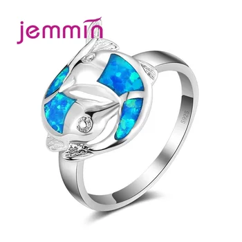 

Exquisite Double Fish Pattern Blue Fire Women Opal Rings Sterling Silver Fine Jewelry Wedding Party Anillos For Femme
