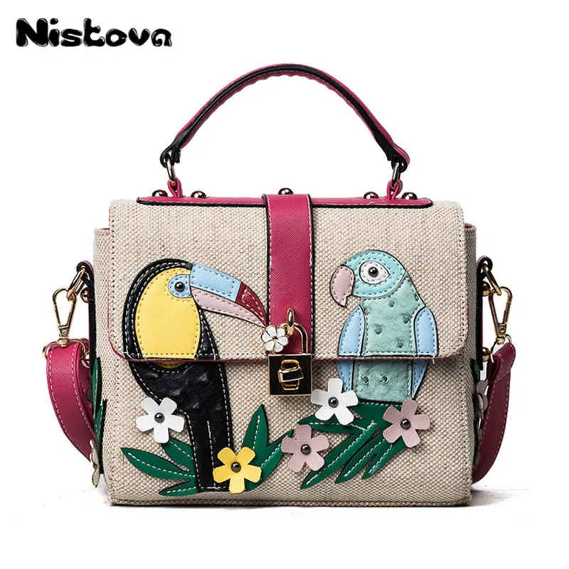 

New Women's Straw Handbags Flower And Bird Decals Square Straw Bag Large Capacity Fashion Casual Ladies Shoulder Messenger Bag