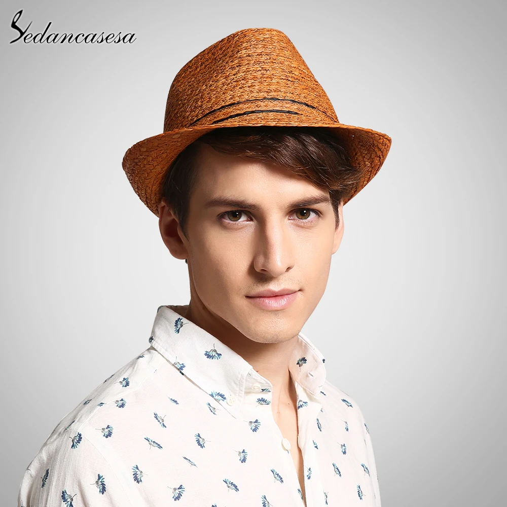 

Classic men raffia straw hat summer UV protection sun hats for man fedora cap fashion unisex beach cap trilby holiday 57-59cm