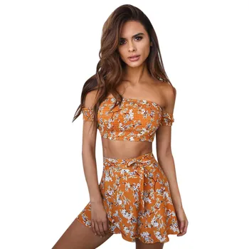 

2 Piece Set Womens Summer Vintage Boho Beach Floral Short Blouse+Skirt Maxi Set