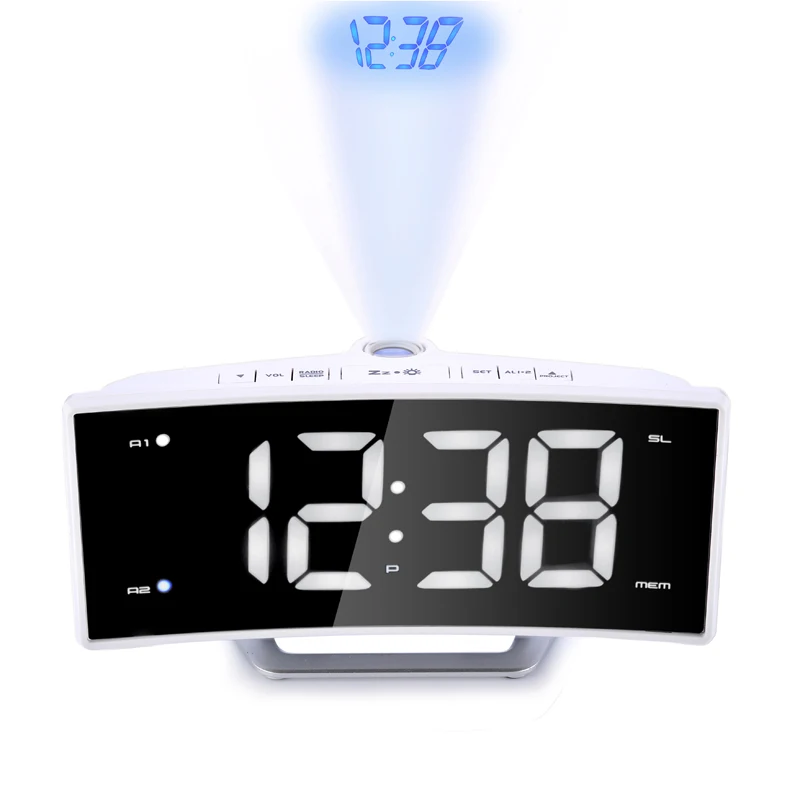 

Desktop Clock With Radio Student Bedside Snooze Alarm Clock Adjust Brightness Arc Led Projection Alarm Clock Modern Decoration