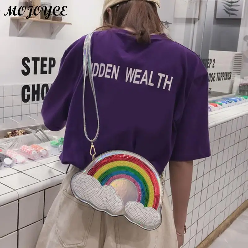 

Personality Sequins Rainbow Crossbody Bag Cute Cloud Laser Women PU Leather Shoulder Bags Pouch Fashion Zipper Shell Messenger