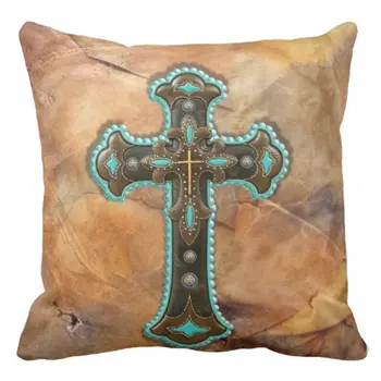 

Pillow Cover Turquoise Brown Cross On Leather Print Pillow Case Tribal Home Square Inch Pillowcase