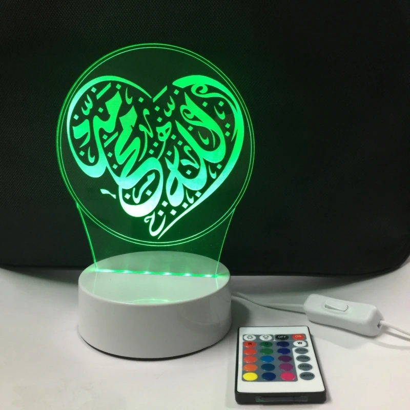  3D New Heart Shape Islamic Lamp Lights Allah Light Acrylic Colorful Muhammad USB LED Desk Lamp Nigh