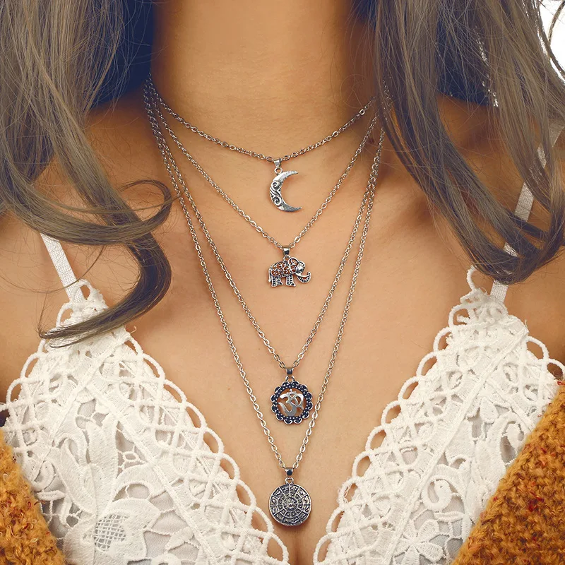 

Vintage Silver Bohemian Moon Necklace Round Pendant Layered Necklace Indian Yoga Jewelry Women's Fashion Necklaces 2019