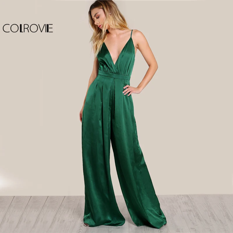 COLROVIE Culotte Leg Elegant Cami Jumpsuit Women Box Pleated Sexy V Neck Jumpsuits 2017 Fall Surplice Front Sleeveless Jumpsuit