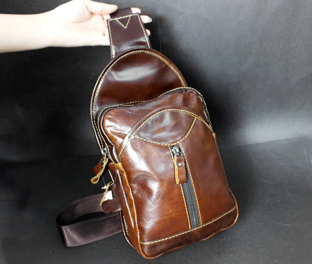 Men Genuine Oil Wax Leather Vintage Chest Cross Body Messenger Ba-in