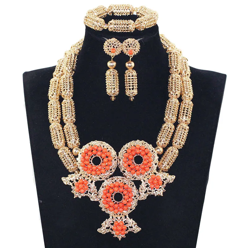 Fabulous Coral Gold African Coral Beads Jewelry Set Original Red Coral