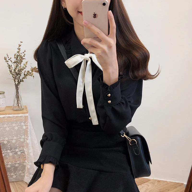  Bow Shirts Woman Long Sleeve Button Chiffon Blouse Women 2019 New Embroidery Blouses Butterfly Slee