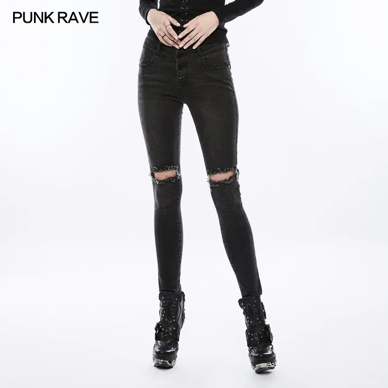 

Punk Rave Daily Fashion Casual Hole Slim-fitting Elastic Women Pants Trousers OPK132