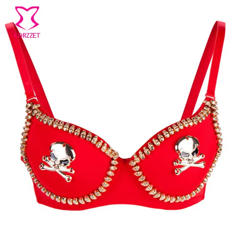 

Corzzet Skull Punk Bra Red&Black Metallic Gathers Punk Spike Studs Rivet Bra Push Up Bra Stage Show