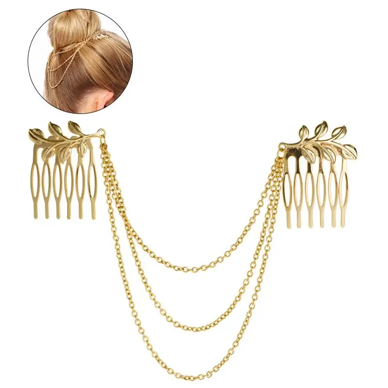 New Fashionable Leaf Chain Hairpin Comb Chic Headdress Hair Accessories Vintage Leaves Clip For Women Girls Gifts 5459 | Украшения и