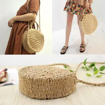 

Women Woven Round Rattan Straw Bag Bali Bohemian Beach Circle Bag Circular Handbag Summer Handmade Retro Knitted Messenger Bags