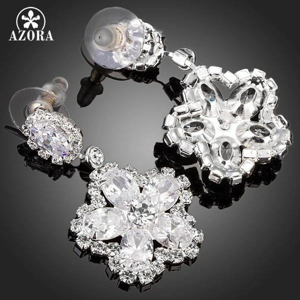 AZORA Elegant 5 Petals Flower Clear AAA Cubic Zirconia Drop Earrings for Women TE0126