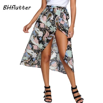 

BHflutter Long Skirt Women Chiffon Summer Skirt Floral Print Split Sexy Beach Skirts High Waist Casual Skirts Saias Faldas 2018
