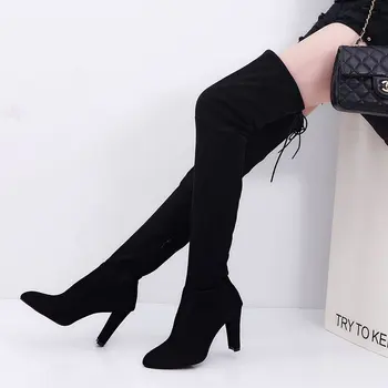 

Women Thigh High Boots Fashion Suede Leather High Heels Lace up Female Over The Knee Boots Plus Size Shoes Drop Shipping 2019