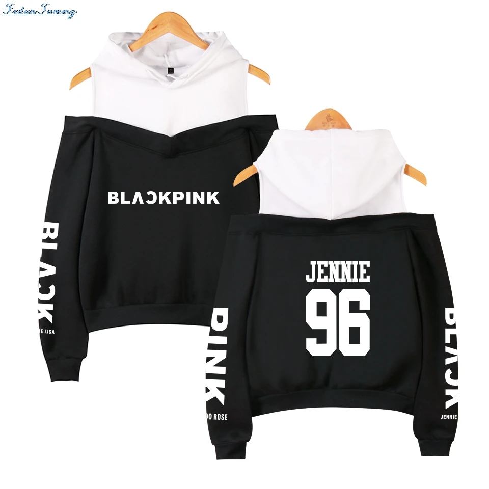 Blackpink اللون الأسود و الأبيض خارج الكتف الكورية البلوز Menber المعبود KPOP المطبوعة المرأة أزياء هوديس البلوز Blackpink اللون الأسود و الأبيض خارج الكتف الكورية البلوز Menber المعبود KPOP المطبوعة المرأة أزياء هوديس البلوز
