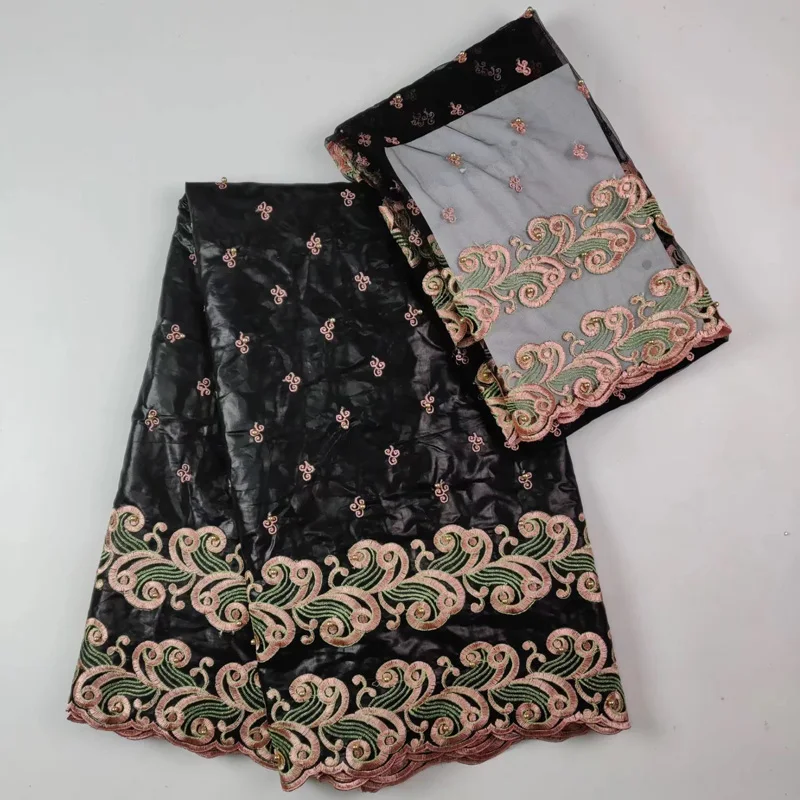 

(5+2 yards /set) black African bazin lace fabric with delicate embroidery and beads plus scarf lace fabric for party dress BLW15