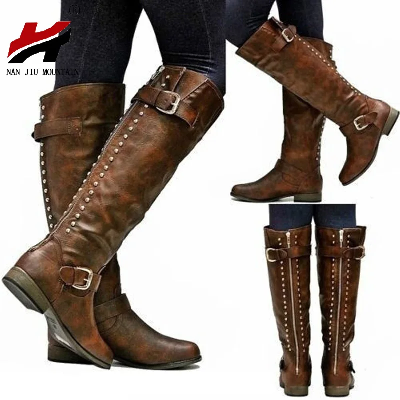 

NAN JIU MOUNTAIN 2018 Shoes Woman Autumn And Winter Rivets Zipper Martin Boots Flat Women's Boots Round Head Pu Knees Plus Size