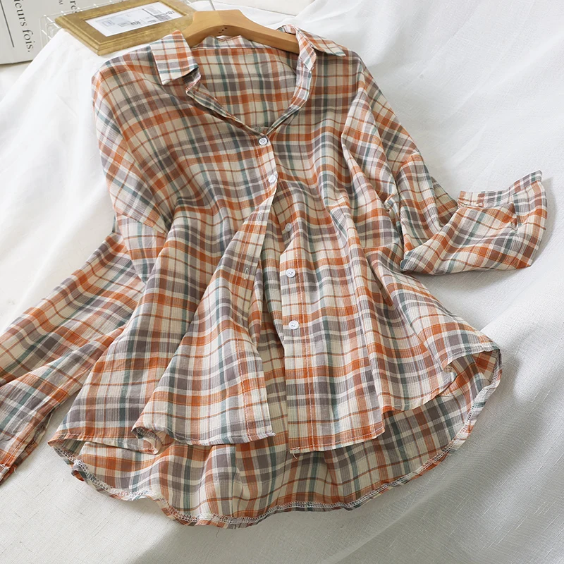 

plus size women plaid shirt female autumn Japanese style casual loose turndown collar long sleeve plaid blouse tops blusa