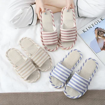 

EVA foam striped couple home slippers men and women linen home floor mop non-slip wear wear soft bottom