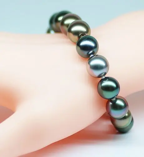 

7.5-8"8-9MM TAHITIAN GENUINE BLACK PEACOCK GREEN PEARL BRACELET ROUND AAA