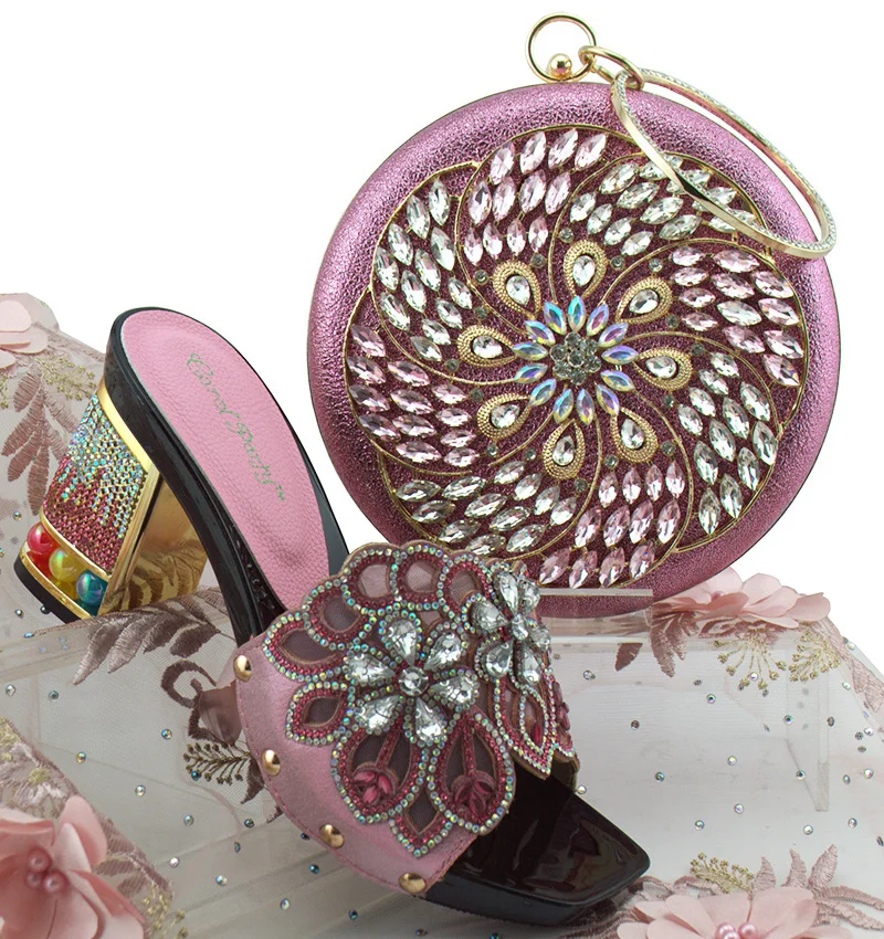 

Lovly pink shoes and bag to match women african aso ebi wedding party in middle heel 3 inches size 38 to 42 shoes bag SB8161-1