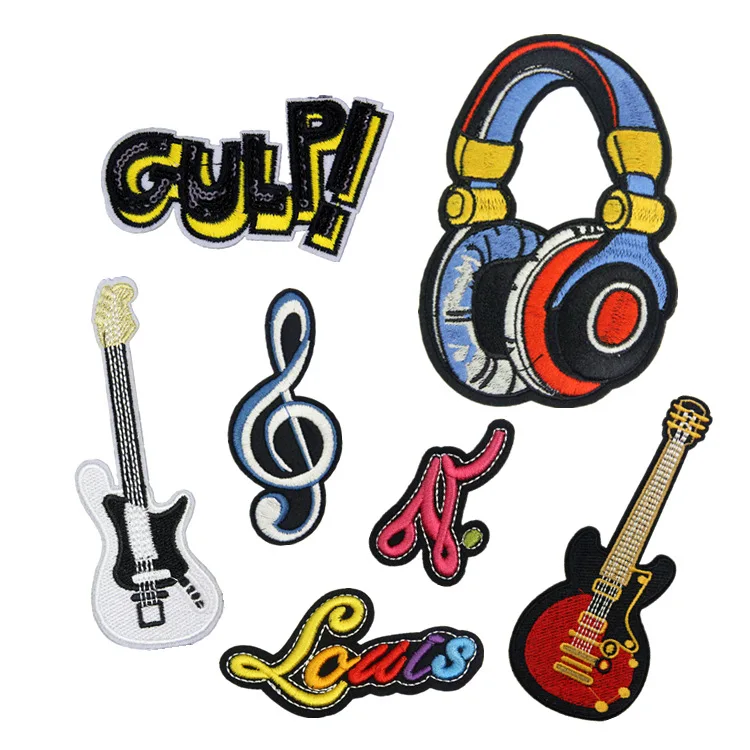 

(46 Style can Choose) Music Guitar Patches for Clothing Headset Embroidered Appliques Iron on Badges Stripes Stickers on Clothes