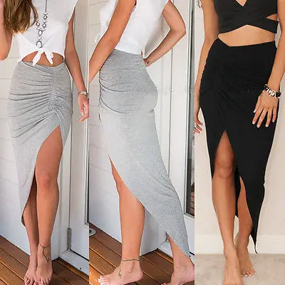 

Fashion 2017 New Womens Ladies Ruched Asymmetrical irregular Side Split Slit Maxi Skirt Size S-L