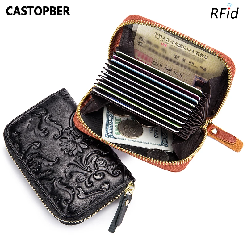 

New Women Morning Glory Flowers Embossed Card Case Coin Purse Designer Oil Wax Cow Genuine Leather RFID Blocking Card Holders