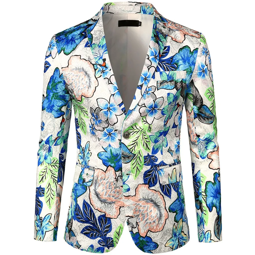 Fashion Men Dress Floral Suit Notched Lapel Slim Fit Stylish Blazer Coat Jacket