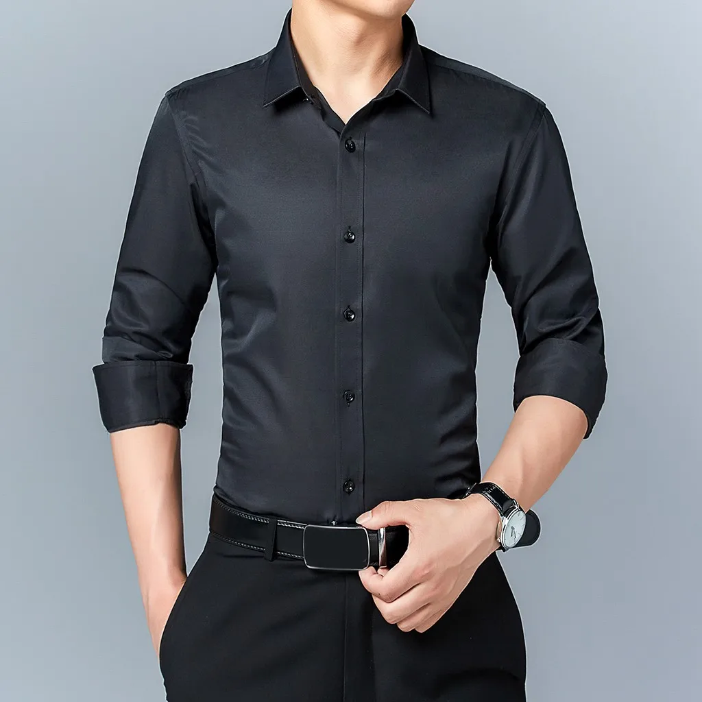 

2019 Men shirt Casual Long Sleeved Solid shirt Slim Fit Male Social Business Shirt Brand Men Clothing Soft Comfortable L0715
