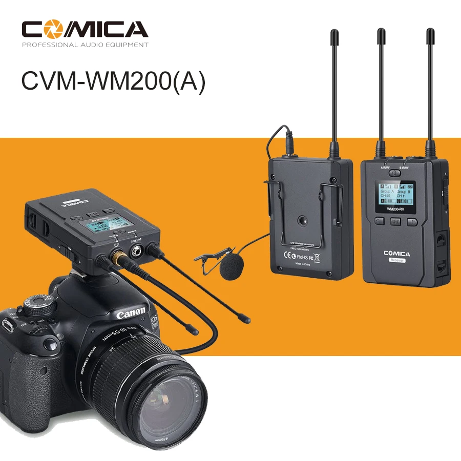 

Comica CVM-WM200A UHF Wireless Microphone 96 channels Lavalier Microphone mic with Dual transmitters for DSLR Cameras Smartphone
