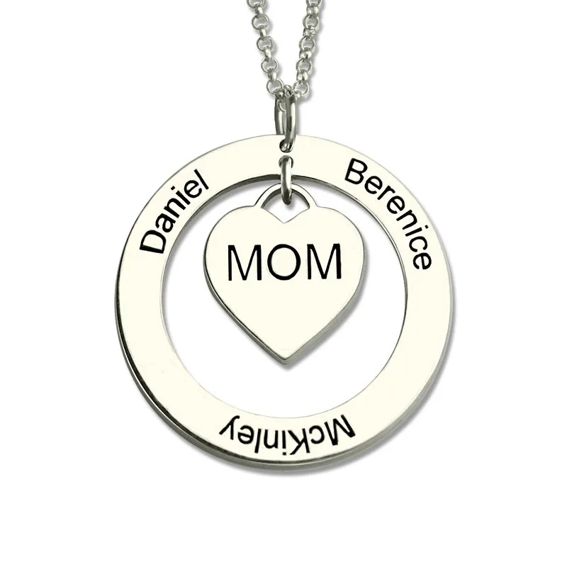 

AILIN Personalized Moms Heart Necklace with Kids Names Love Between Mother and Kids Family Necklace Silver Circle Name Jewelry
