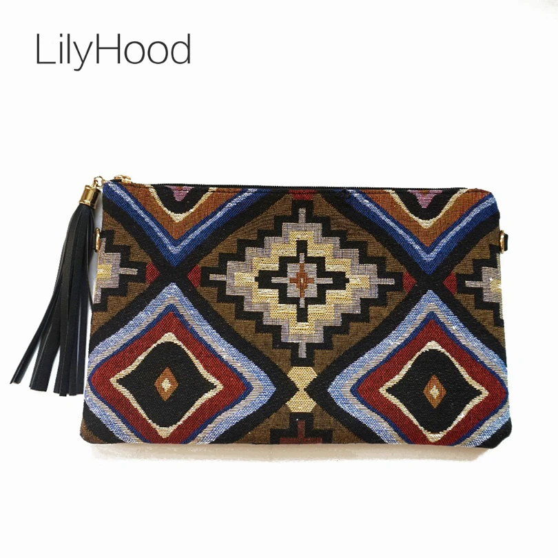 

LilyHood Female Vintage Clutch Gypsy Bohemian Boho Chic Hippie Aztec Tribal Indian Retro Folk Woven Fabric PU Leather Clutch Bag