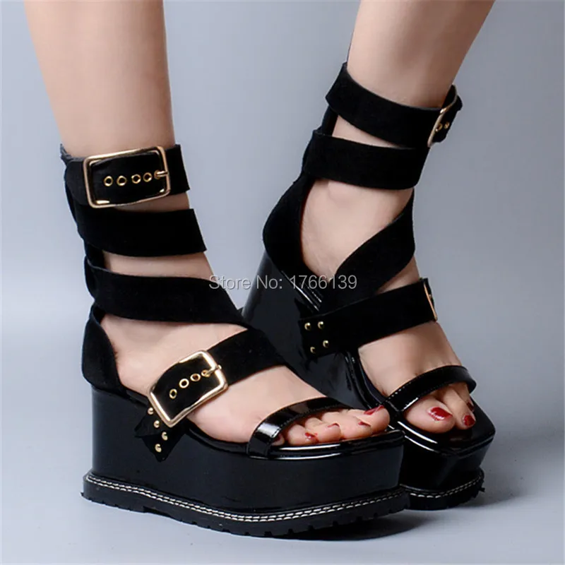 

Sexy Black Women Suede Summer Sandals Ankle Straps Casual Platform Wedge Shoes Woman Gladiator Sandal Ladies Wedges