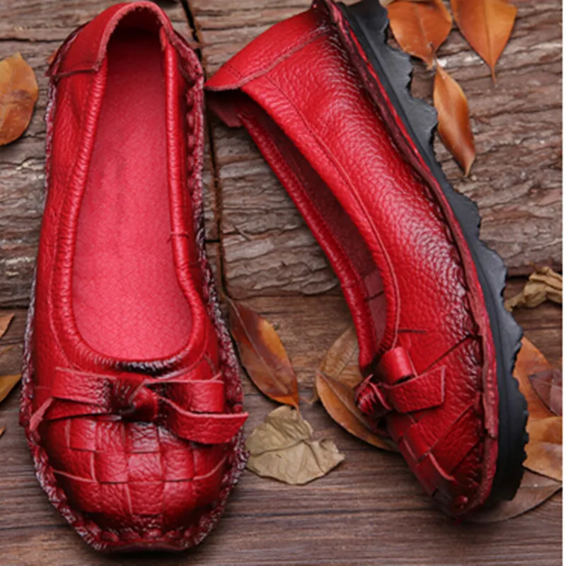Весенне-осенние этнические винтажные дамские мокасины из натуральной кожи обувь на плоской подошве повседневная однотонная обувь с круглым носком и бантиком на мягкой подошве