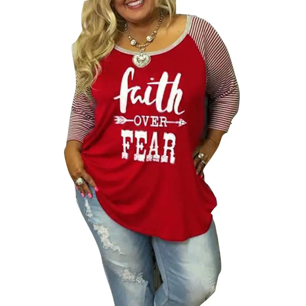 Plus Size Women T-Shirt Letters Print Splicing Stripe Tops 2017 Autumn O-Neck Three Quarter Sleeve Harajuku Tees Oversize 5XL | Женская