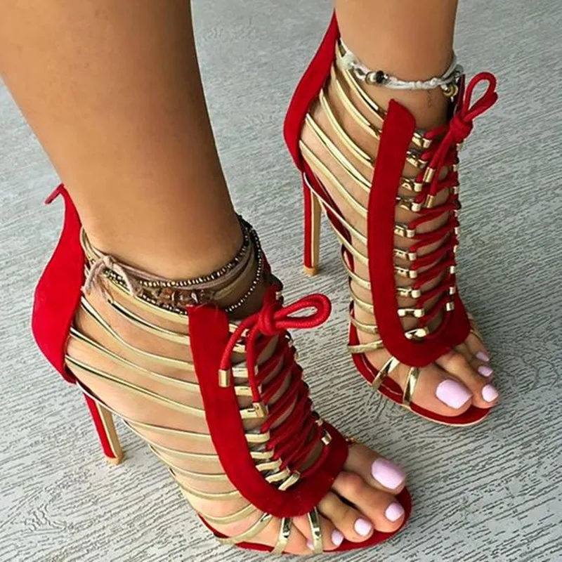 

Spring Summer Booties Suede & Metallic Leather Cage Strappy Women Gladiator Sandals Open Toe Lace Up High Heel Shoes Woman