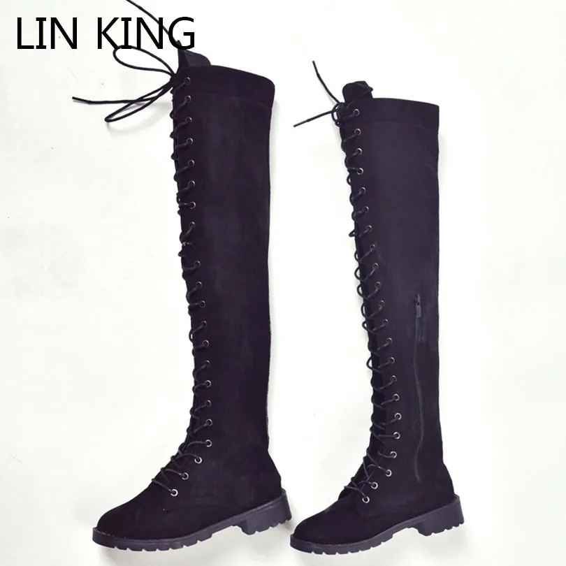 

LIN KING Vintage Cross Tie Women Motorcycle Boots Punk Round Toe Over The Knee Botas Plus Size Low Heel Ladies Long Knight Boots