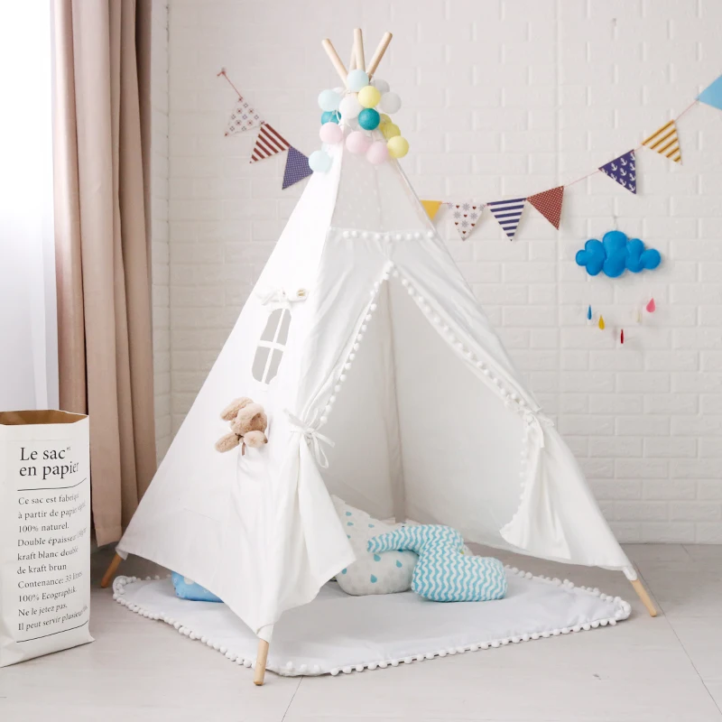 

White Pom Pom Teepee Tent for Kids Childrens Tipi Indian Tent