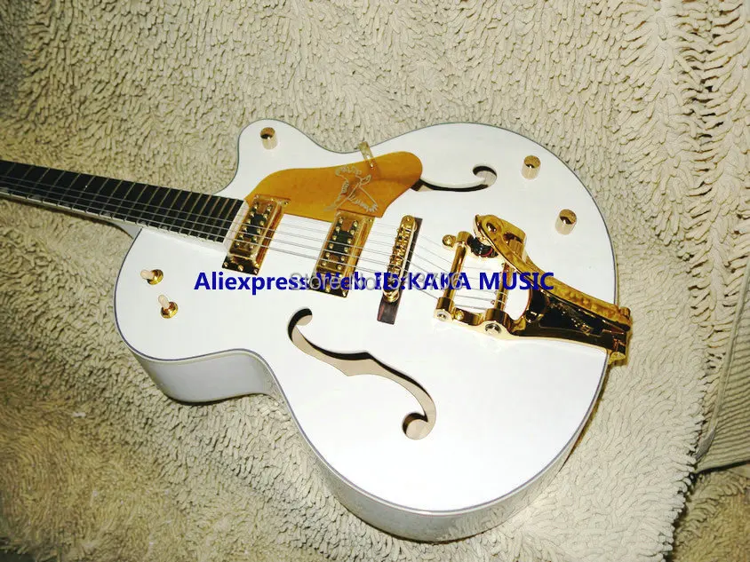 

White Custom Shop Hollow Jazz Guitar with Bigbys Gold Hardware Free Shipping
