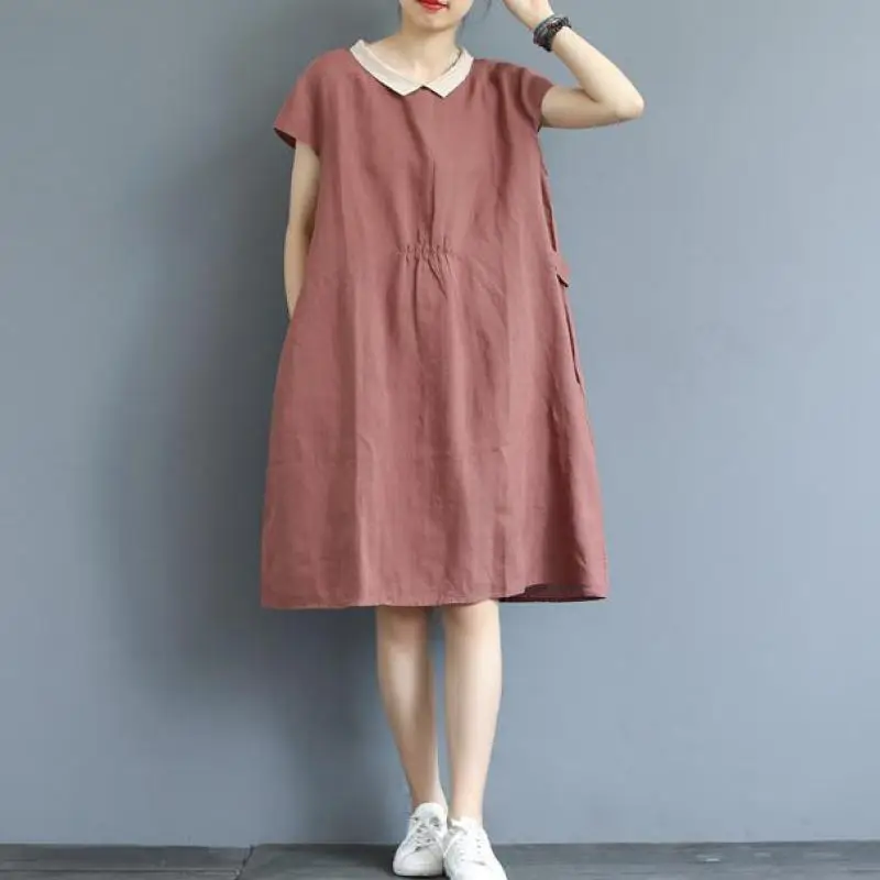 

Johnature Vintage Summer Dress Loose Solid Color Short Sleeve Button Turn-down Collar Loose 2019 New Clothes Women Dress