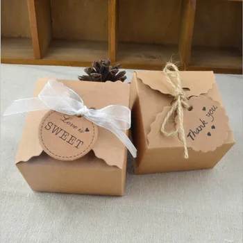 

50pcs Wave Kraft Paper Box with ribbons and tags wedding baby shower favors candy box gift packing boxes vintage party favors