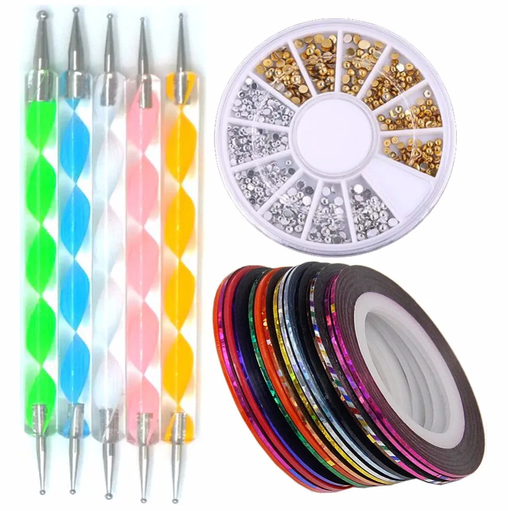 Nail Art Tools Set 3D Gold Glitter Nail Rhinestones & Painting Dotting