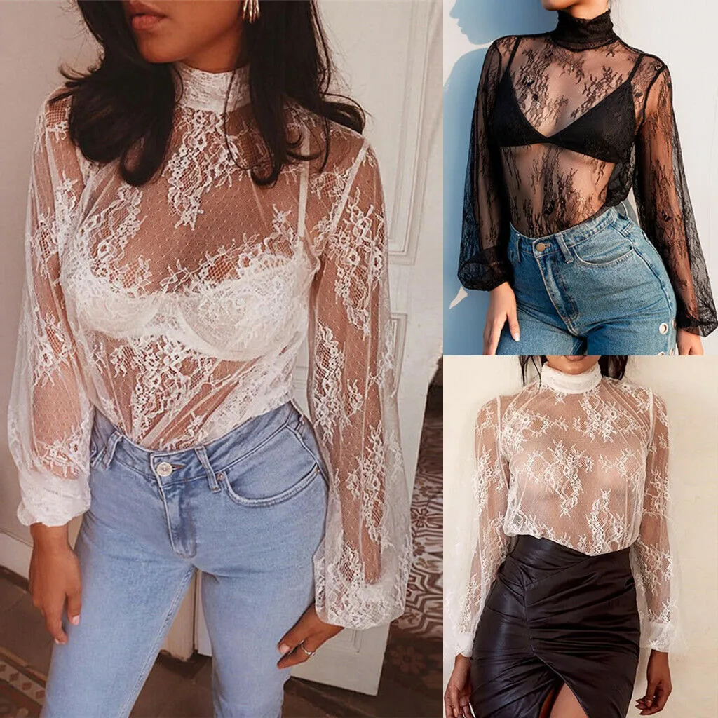

NEW Women Mesh Sheer See-through Long Sleeve Top T Shirt Fashion Lace Tops